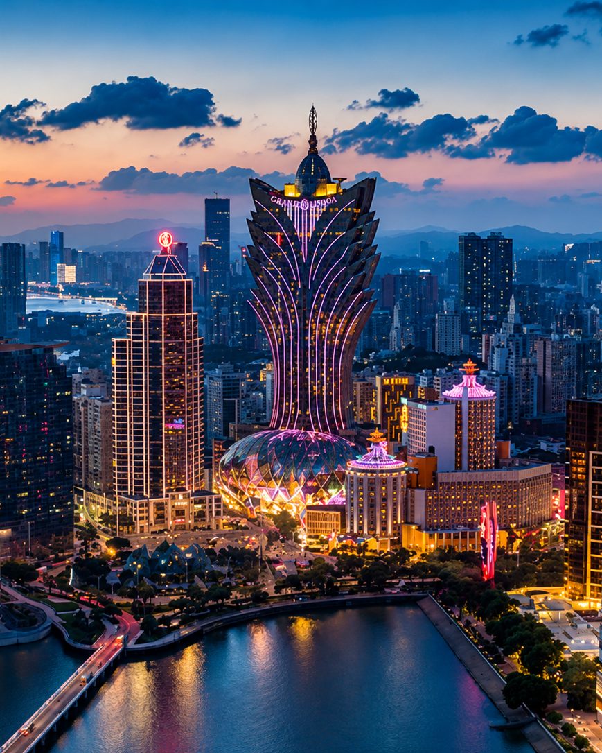 The Grand Lisboa lit at dusk above the Macau skyline
